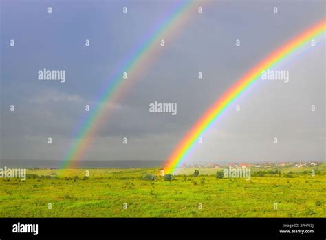 Bright Colors Of Double Rainbow Rising From A Meadow With Dark Rain