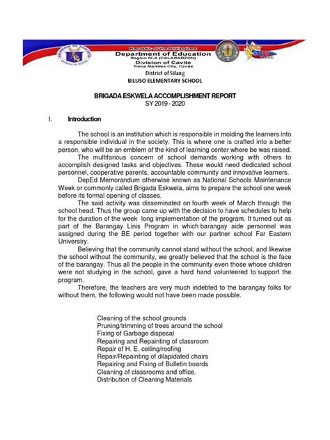 Brigada Eskwela Accomplishment Report From Biluso Elementary School
