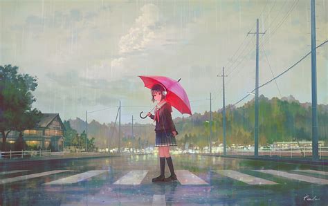 Anime School Girl Raining Umbrella Street Headphones Anime Hd