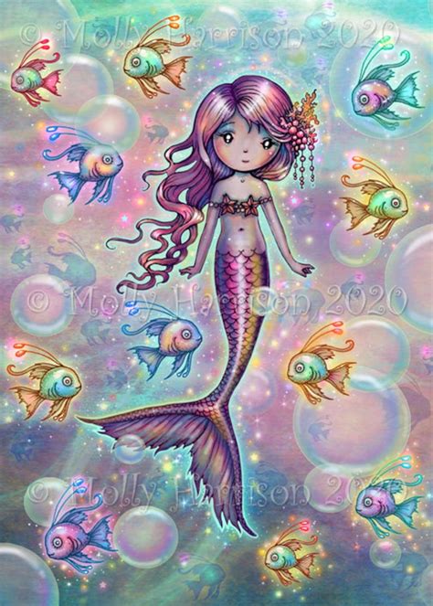 Little Pink Whimsical Mermaid With Fish And Bubbles Fantasy Etsy