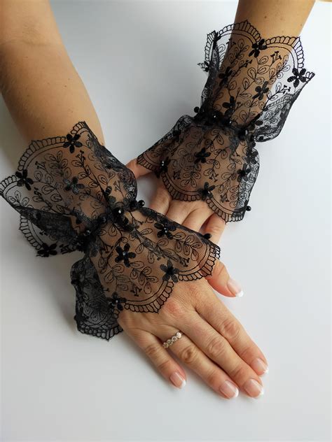 ruffled wrist cuff gothic black lace gloves fingerless gloves wedding gloves bridal gloves