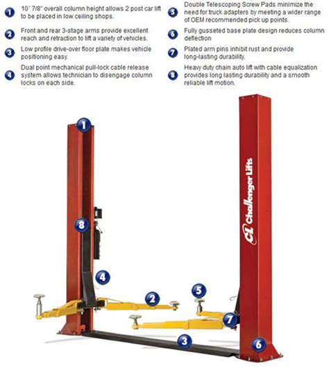 The clfp9 2 post car lift features a 10' 7/8 overall column height, making it ideal for low ceiling applications. Challenger CLFP9 Low Ceiling Two Post Car Lift 9,000