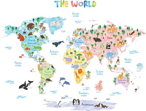 World Map Colourful Animal Wall Sticker Decal Kids Large Fun