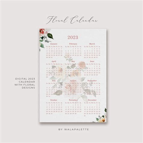 Calendar 2023 Floral Calendar Printable Watercolor Calendar Etsy