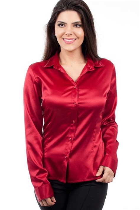 Red Satin Fitted Blouse Rote Bluse Satinbluse Seidenbluse