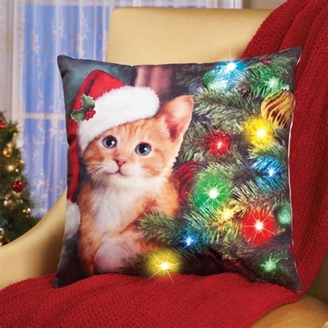Festive Fun Holiday Cat Lover Led Lighted Christmas Pillow Sofa Or