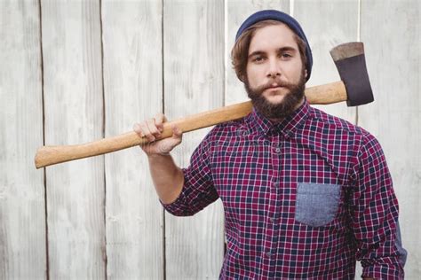 Hipster Holding Axe On Shoulder Stock Photo Image Of Looking Metal