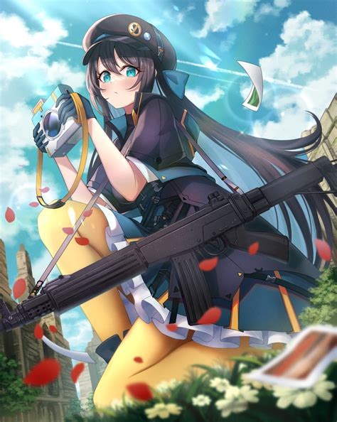 Safebooru 1girl Absurdres Assault Rifle Bangs Blue Eyes Blue Gloves Blue Hair Blue Sky Brown