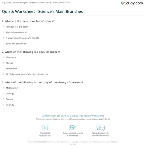 Quiz And Worksheet Sciences Main Branches