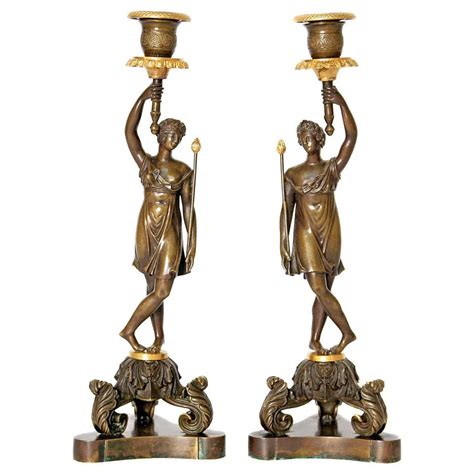 19th Century French Pair Of Bronze And Gilt Bronze Candlesticks For