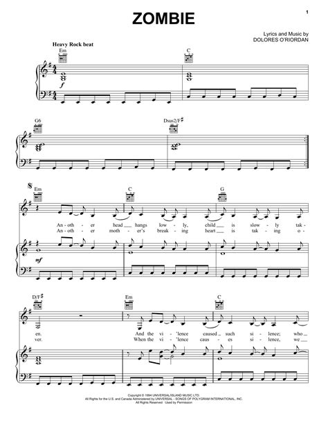 Zombie Sheet Music The Cranberries Piano Vocal Guitar Chords