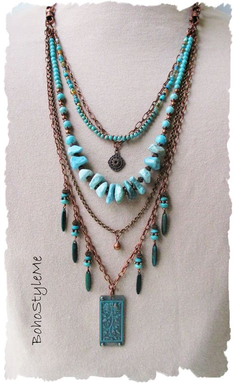 Boho Turquoise Beaded Necklace Handmade Layered Bohemian Etsy Stone