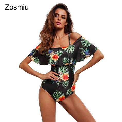 zosmiu sexy off shoulder one piece women pineapple printed swimwear swimsuits push up straps