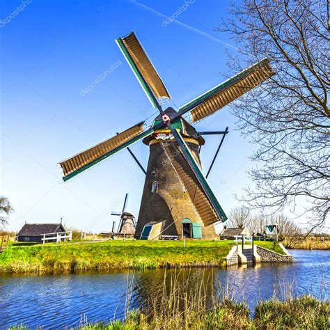 Traditional Holland Scenery Windmills In Kinderdijk Stock Editorial