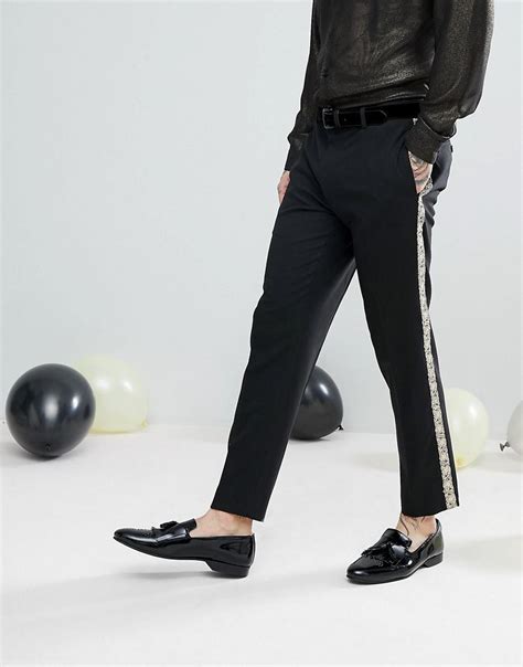 Asos Asos Skinny Suit Trousers In Black With Gold Brocade Side Stripe