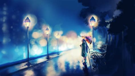 Original Umbrella Red Alone Girl Blue Anime Wallpaper