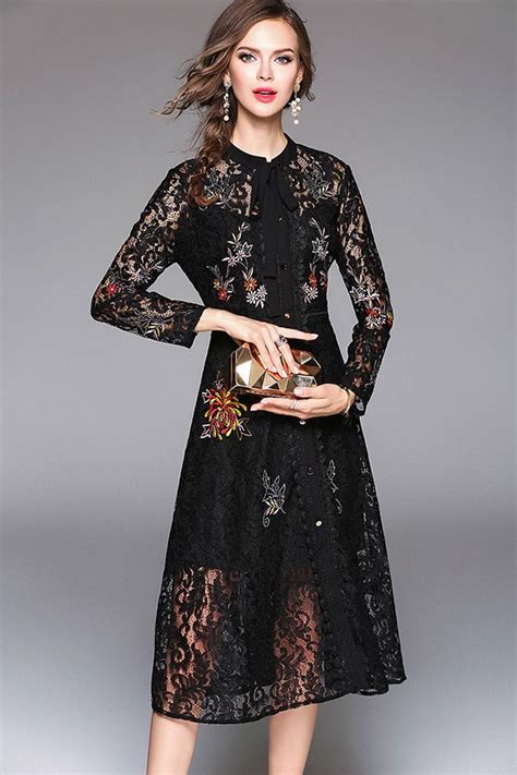 4599 Black Embroidery Long Sleeves Embroidery Midi Dress Womens