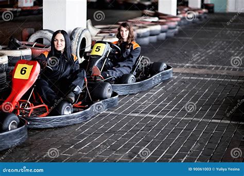 Two Young Girls Karting Racers Stock Image Image Of Cart Driver 90061003