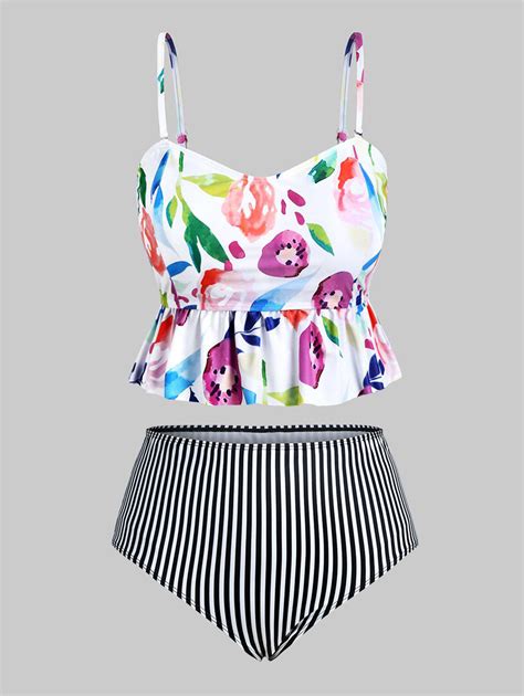 Plus Size Striped Floral Peplum Tankini Swimwear 49 Off Rosegal