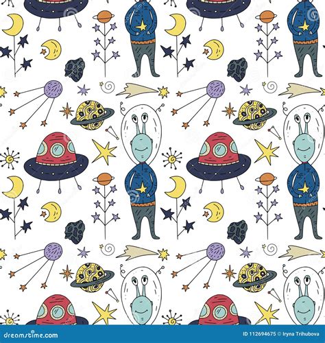 Seamless Pattern With Cosmos Doodle Illustrations Stock Vector