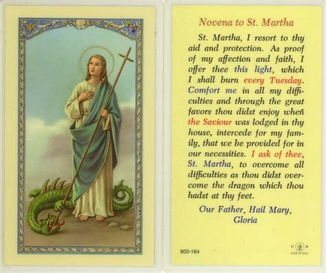 Novena To Saint Martha Prayer Card