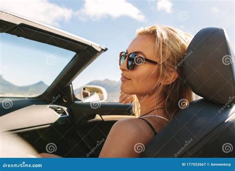 Woman On Road Trip In Convertible Car Stock Image Image Of Journey