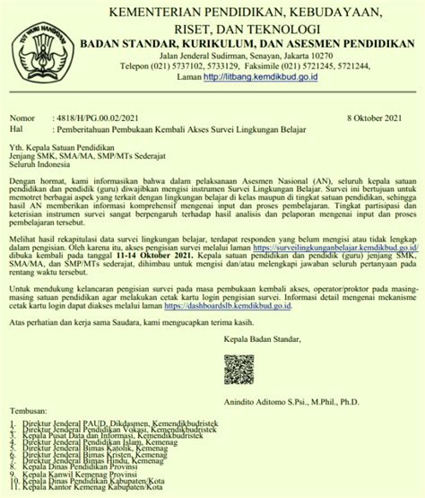 Surat Edaran Guru Wajib Melengkapi Jawaban Survei Lingkungan Belajar Pada Asesmen Nasional Tahun
