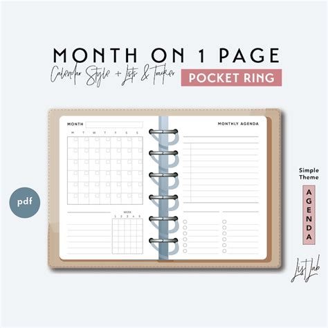 Pocket Ring Month On 1 Page Calendar Printable Ring Planner Etsy