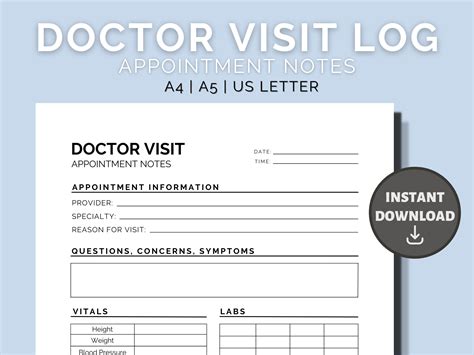 Printable Doctor Visit Log Doctor Appointment Tracker Health Etsy