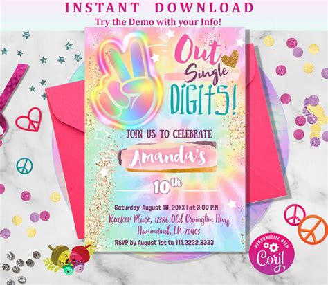 Editable Pastel Tie Dye Birthday Party Invitation Peace Out Etsy