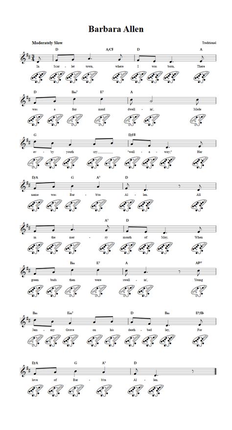 Barbara Allen 12 Hole Ocarina Sheet Music And Tab With Chords And Lyrics