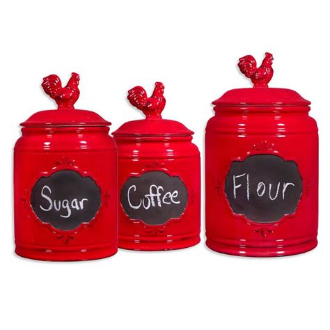 Easily brighten up your kitchen with red canister sets! Vintage Red Rooster Chalkboard Canister - Set of 3 | Ceramic kitchen canisters, Rooster ...