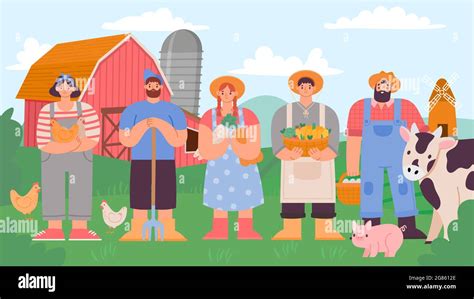 Farmers Team Cartoon Agricultural Man And Woman With Fresh Product And