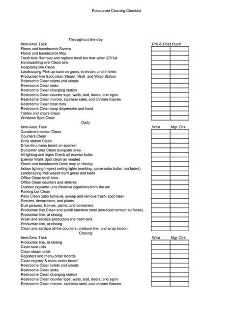 Oowipe down the walls if necessary ooclean the interior and exterior of all the trash and recycling bins oo sanitize the tables oosweep and mop the floors oo. restaurant task list | Restaurant Cleaning Checklist ...
