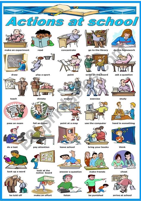 Actions At School Pictionary Bandw Version Included Esl Worksheet