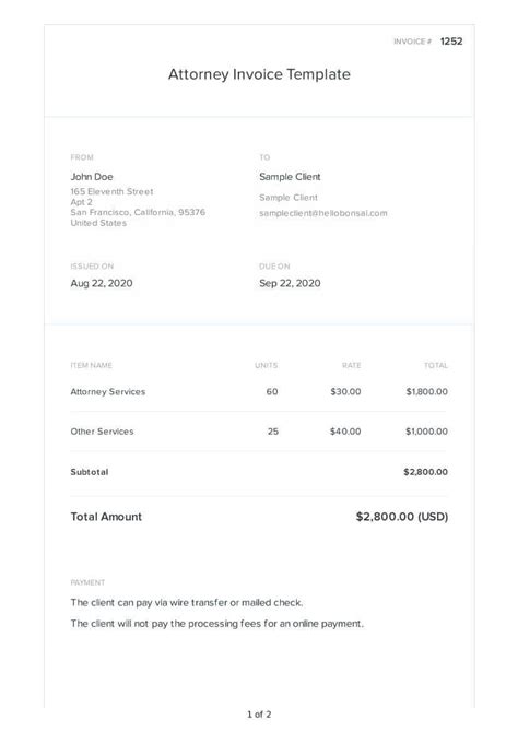 Free Attorney Invoice Template Examples And Samples Download Bonsai