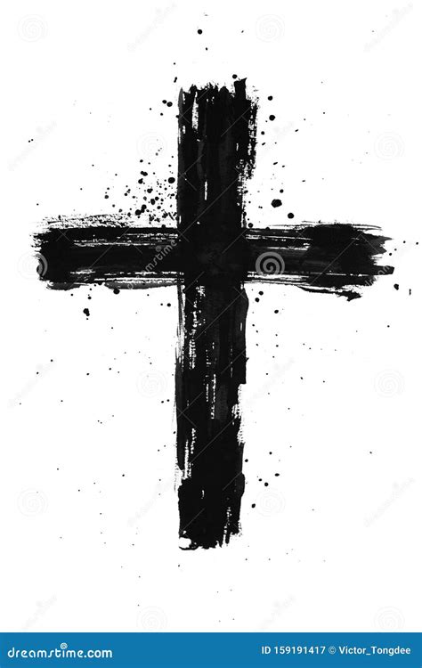 Hand Painted Black Ink Cross With Brush Stroke Texture And Splatter
