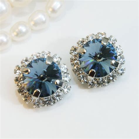 Navy Blue Clip Earrings Swarovski Crystal Clip On Large Clear