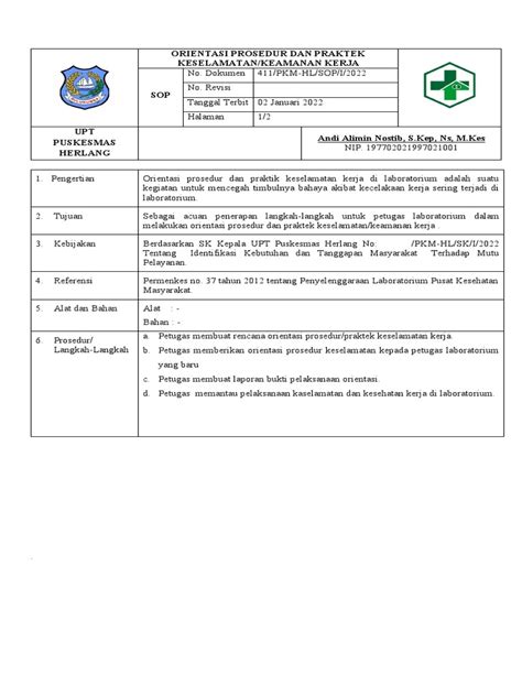 Sop Orientasi Prosedur Dan Praktek Keselamatan Kerja Pdf