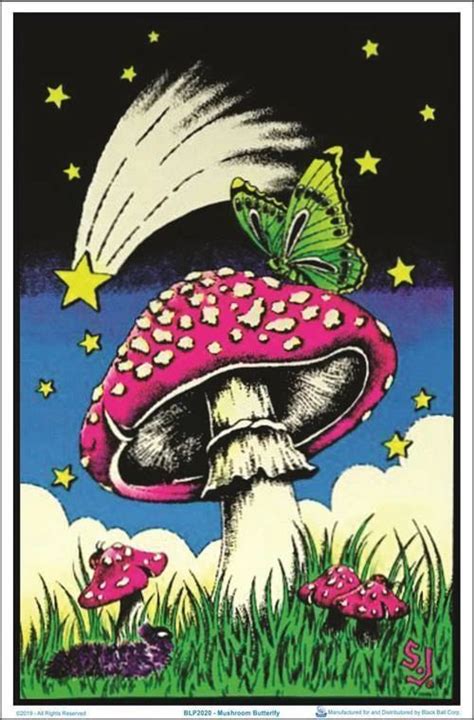 Mushroom Butterfly Black Light Poster Psychedelic Drawings
