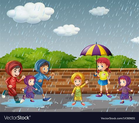 Many Children Running In The Rain Illustration Download A Free Preview