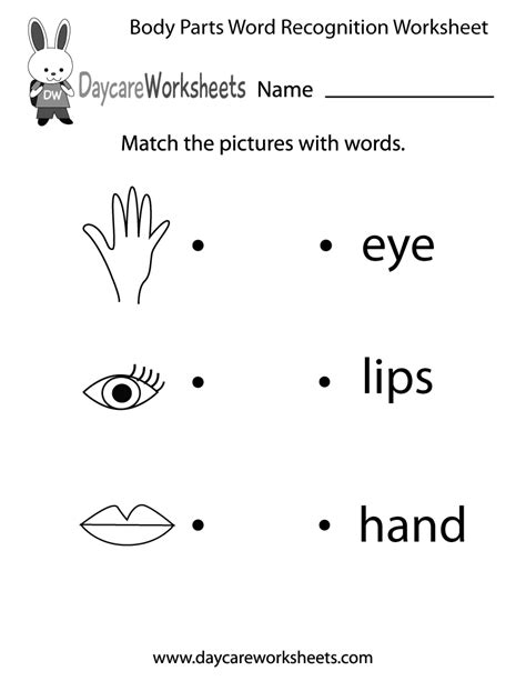 Preschoolers have to match body parts with words in this free reading worksheet. Free Body Parts Word Recognition Worksheet for Preschool