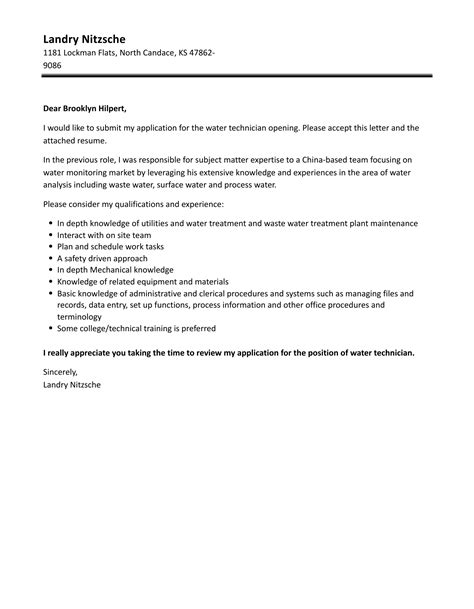 Water Quality Analyst Cover Letter