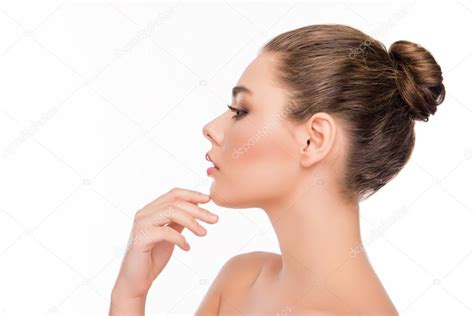 Side View Of Pretty Woman Touching Chin On White Background — Stock