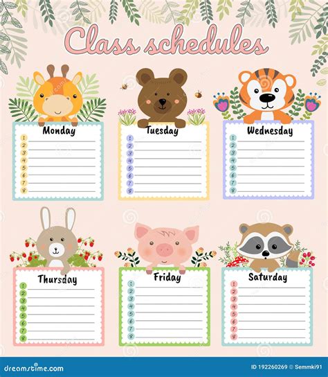 School Schedule Template Timetable For Pupils With Cute Animals