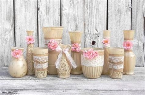 Burlap And Lace Vases Rustic Beige And Pink Wedding Shabby Chic Vase