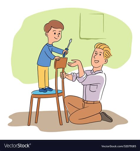 Father And Son With Screw Driver Repairing Chair Vector Image