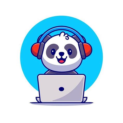 Cute Panda Escuchando Música Con Auriculares Y Portátil Cartoon Icon
