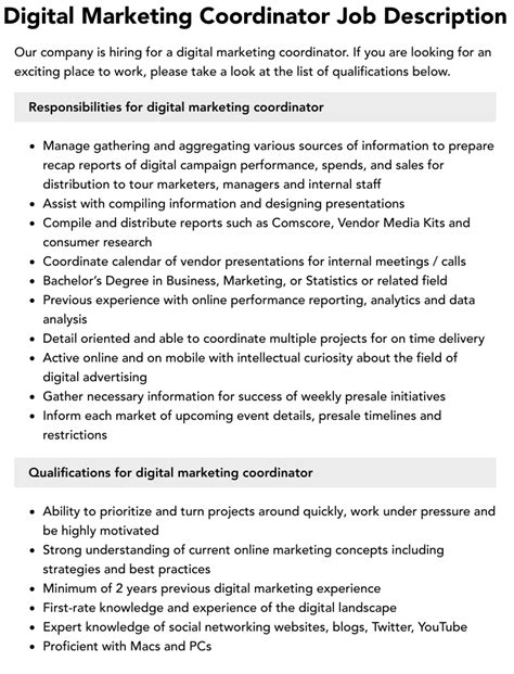 Digital Marketing Coordinator Job Description Velvet Jobs