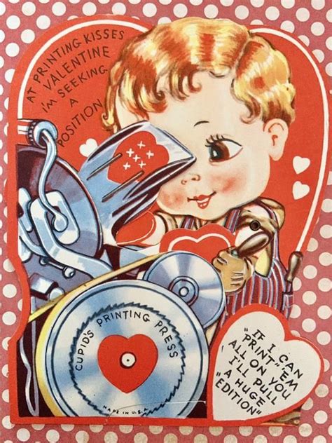 Vintage Mechanical Valentines Day Card Boy At Printing Kisses On Press
